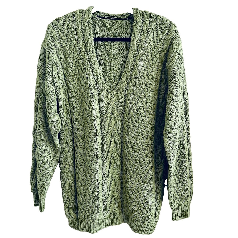 100% Silk Chunky Cable Knit Sweater Women's L Fishermans Green Quiet Luxury Y2K